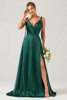 Load image into Gallery viewer, Dark Green A-Line Spaghetti Straps Ruched Long Bridesmaid Dress with Slit
