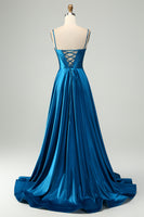 Load image into Gallery viewer, Sparkly Dark Blue Satin Corset Prom Dress with Beading