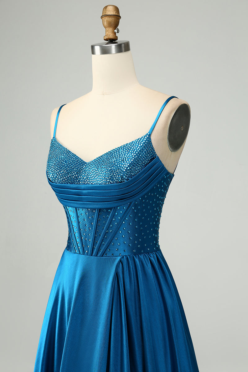 Load image into Gallery viewer, Sparkly Dark Blue Satin Corset Prom Dress with Beading