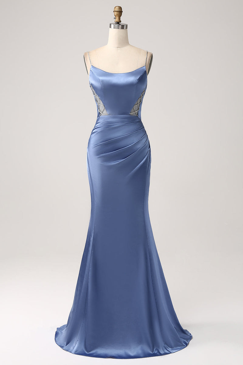 Load image into Gallery viewer, Mermaid Grey Blue Satin Spaghetti Straps Pleated Long Prom Dress