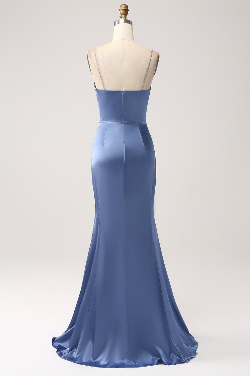 Load image into Gallery viewer, Mermaid Grey Blue Satin Spaghetti Straps Pleated Long Prom Dress