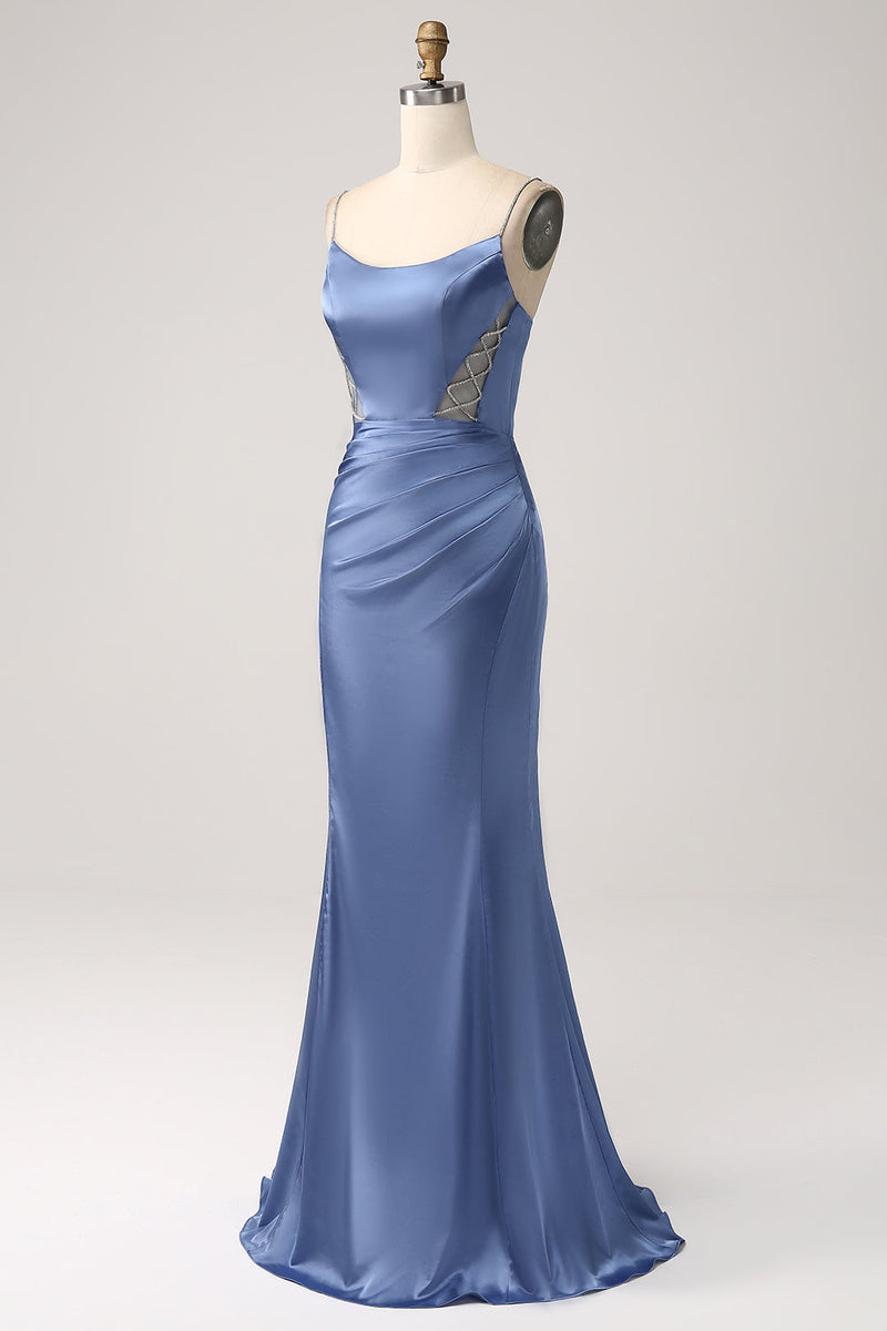 Load image into Gallery viewer, Mermaid Grey Blue Satin Spaghetti Straps Pleated Long Prom Dress