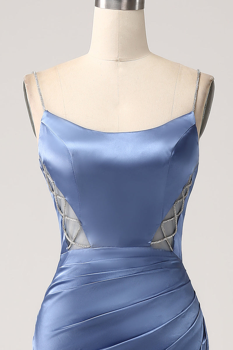 Load image into Gallery viewer, Mermaid Grey Blue Satin Spaghetti Straps Pleated Long Prom Dress