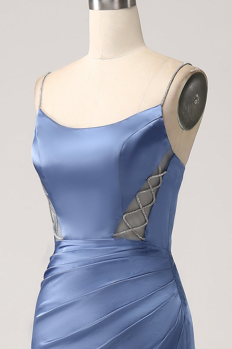 Load image into Gallery viewer, Mermaid Grey Blue Satin Spaghetti Straps Pleated Long Prom Dress