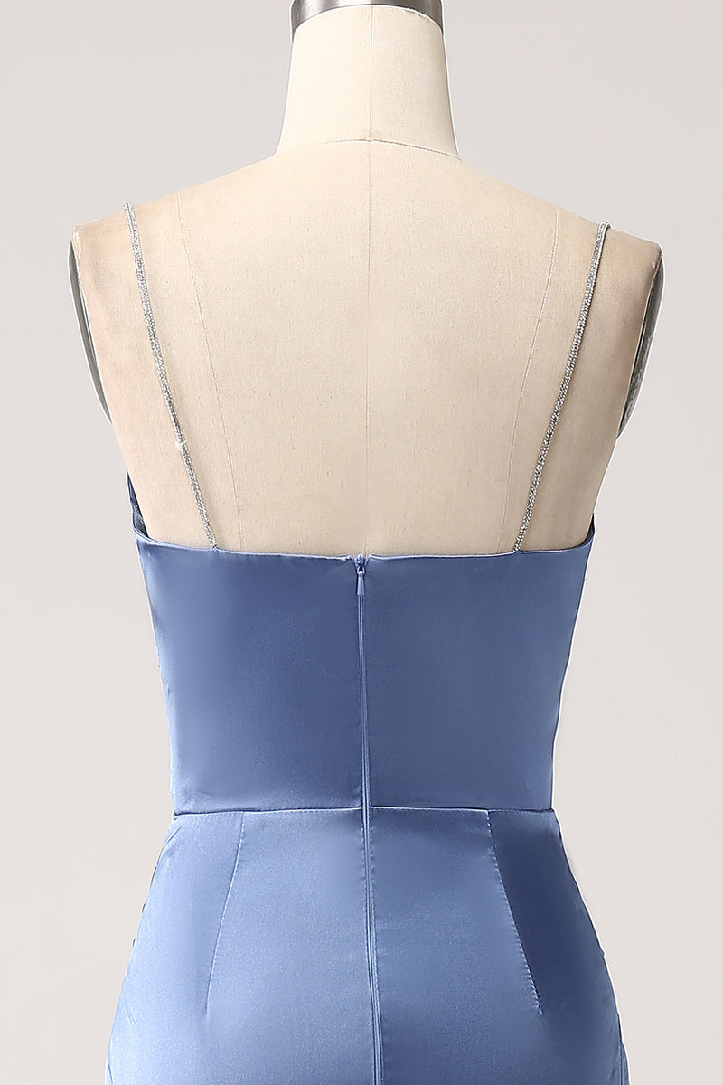 Load image into Gallery viewer, Mermaid Grey Blue Satin Spaghetti Straps Pleated Long Prom Dress