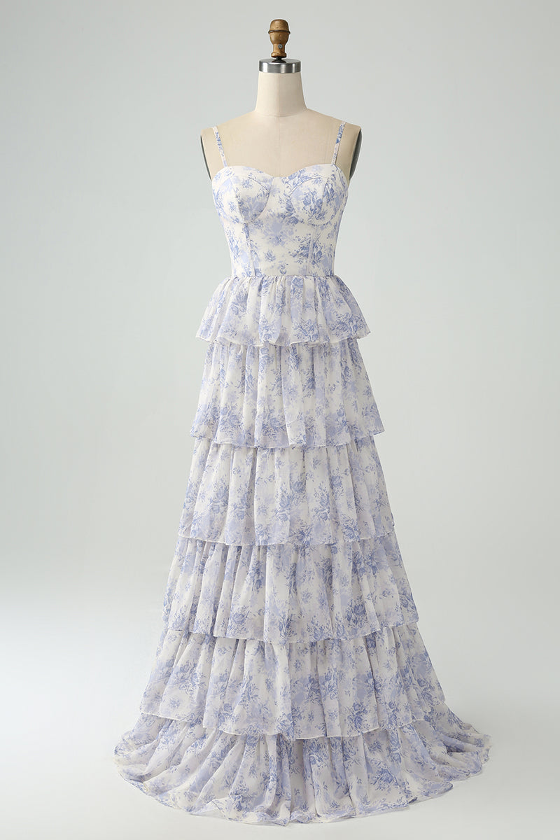 Load image into Gallery viewer, Floral Printed Tiered Long Corset Prom Dress
