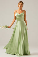 Load image into Gallery viewer, Dusty Sage A Line Cowl Neck Satin Long Bridesmaid Dress with Pleated