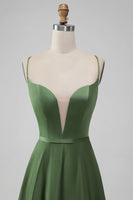 Load image into Gallery viewer, Green Satin V Neck A-line Long Bridesmaid Dress