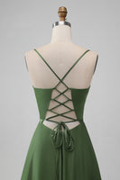 Load image into Gallery viewer, Green Satin V Neck A-line Long Bridesmaid Dress