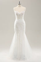 Load image into Gallery viewer, White Mermaid Spaghetti Straps Applique Lace Corset Wedding Dress with Lace-up Back