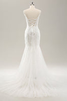 Load image into Gallery viewer, White Mermaid Spaghetti Straps Applique Lace Corset Wedding Dress with Lace-up Back