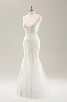 Load image into Gallery viewer, White Mermaid Spaghetti Straps Applique Lace Corset Wedding Dress with Lace-up Back