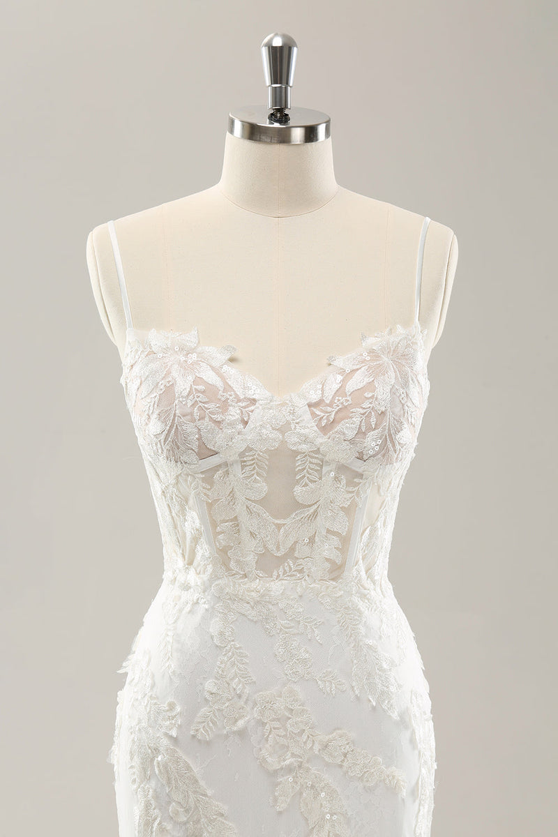 Load image into Gallery viewer, White Mermaid Spaghetti Straps Applique Lace Corset Wedding Dress with Lace-up Back