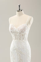 Load image into Gallery viewer, White Mermaid Spaghetti Straps Applique Lace Corset Wedding Dress with Lace-up Back