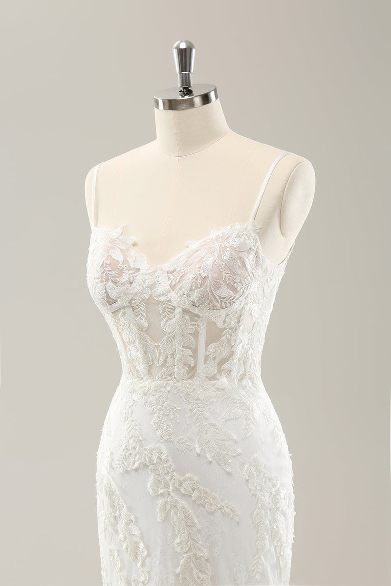 Load image into Gallery viewer, White Mermaid Spaghetti Straps Applique Lace Corset Wedding Dress with Lace-up Back