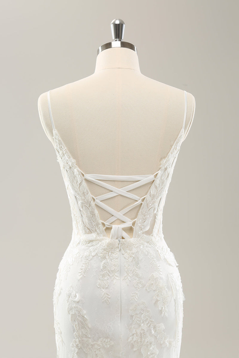 Load image into Gallery viewer, White Mermaid Spaghetti Straps Applique Lace Corset Wedding Dress with Lace-up Back