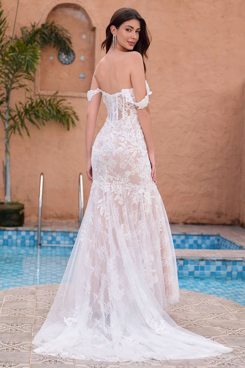Load image into Gallery viewer, White Appliques Mermaid Off the Shoulder Wedding Dress
