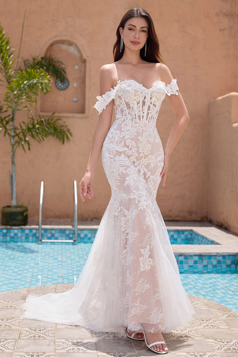 Load image into Gallery viewer, White Appliques Mermaid Off the Shoulder Wedding Dress