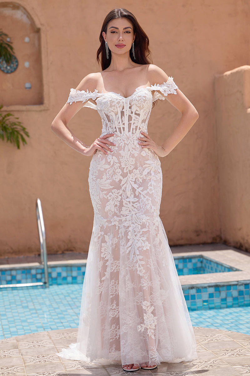 Load image into Gallery viewer, White Appliques Mermaid Off the Shoulder Wedding Dress