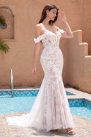 Load image into Gallery viewer, White Appliques Mermaid Off the Shoulder Wedding Dress