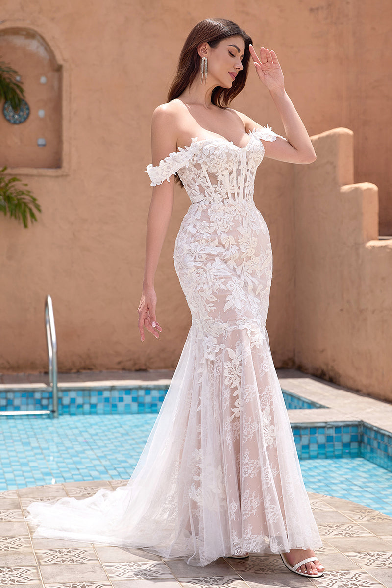Load image into Gallery viewer, White Appliques Mermaid Off the Shoulder Wedding Dress