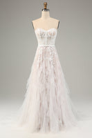Load image into Gallery viewer, White A Line Sweetheart Sweep Train Corset Wedding Dress with Applique Lace