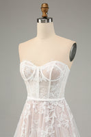 Load image into Gallery viewer, White A Line Sweetheart Sweep Train Corset Wedding Dress with Applique Lace