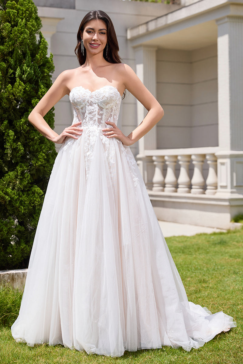 Load image into Gallery viewer, Appliques White A Line Sweetheart Long Wedding Dress