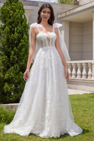 Load image into Gallery viewer, White A-Line Appliques Lace Up Tulle Corset Wedding Dress