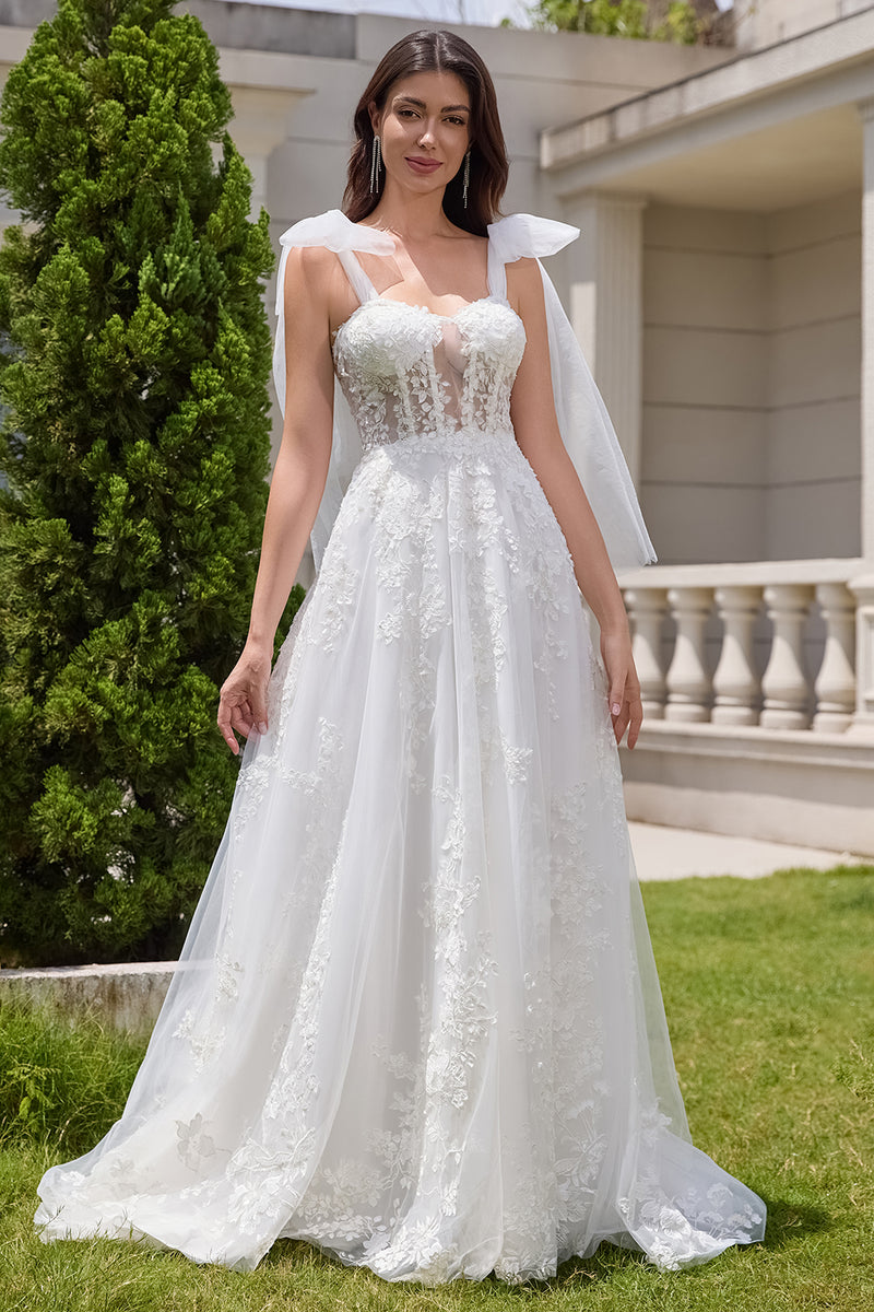 Load image into Gallery viewer, White A-Line Appliques Lace Up Tulle Corset Wedding Dress