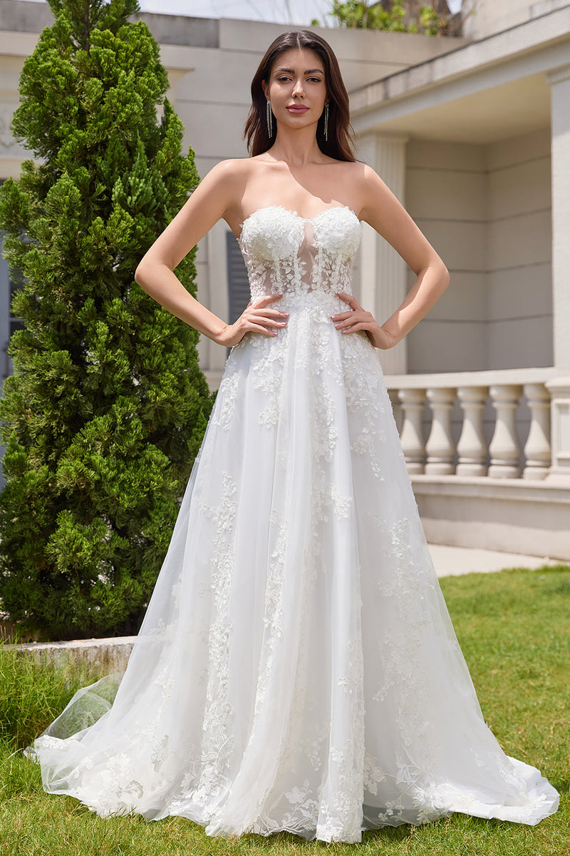 Load image into Gallery viewer, White A-Line Appliques Lace Up Tulle Corset Wedding Dress