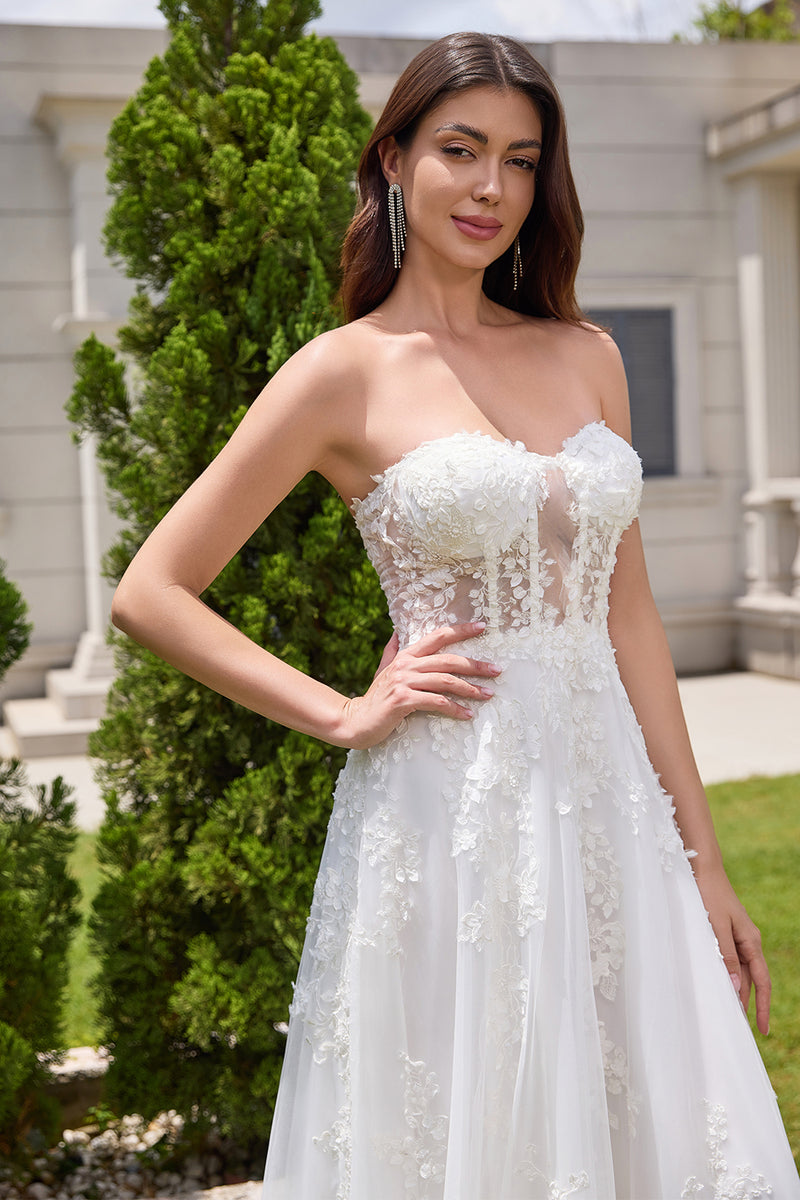 Load image into Gallery viewer, White A-Line Appliques Lace Up Tulle Corset Wedding Dress