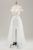 Load image into Gallery viewer, White Off the Shoulder Cut Out Wedding Dress with Detachable Tulle