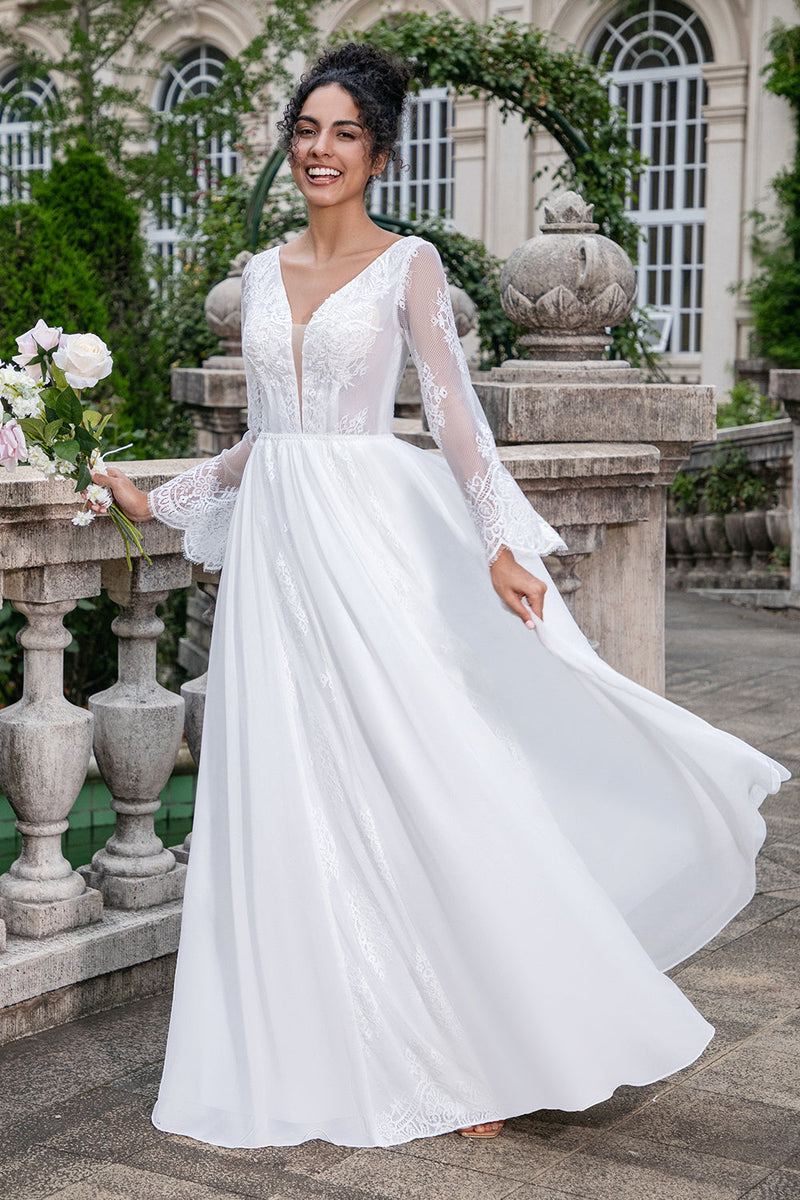 Hellymoon Women White Wedding Dress with Lace Appliqued A Line V Neck Long Sleeves Beach Boho Bridal Dress – hellymoonuk Hellymoon Women White Wedding Dress with Lace Appliqued A Line V Neck Long Sleeves Beach Boho Bridal Dress – hellymoonuk