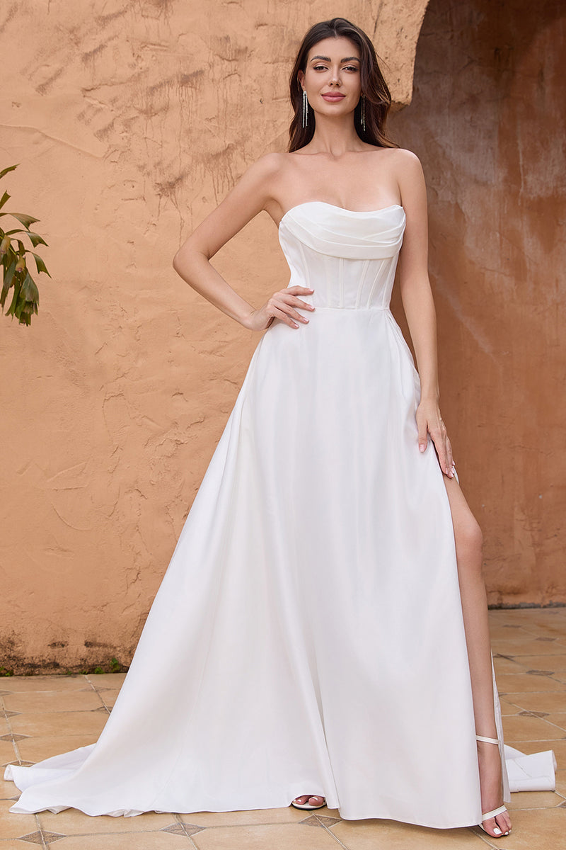 Load image into Gallery viewer, White A Line Strapless Pleated Long Wedding Dress With Slit