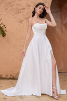 Load image into Gallery viewer, White A Line Strapless Pleated Long Wedding Dress With Slit