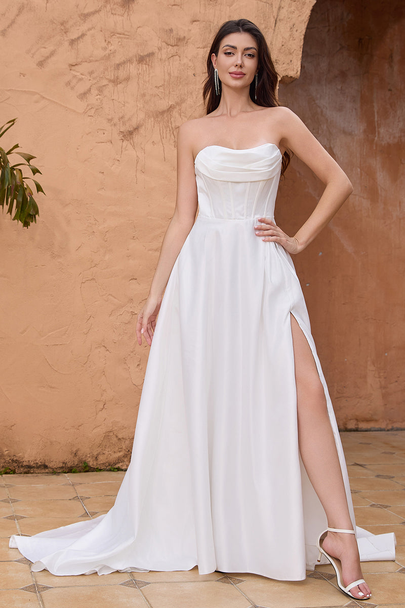 Load image into Gallery viewer, White A Line Strapless Pleated Long Wedding Dress With Slit