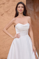 Load image into Gallery viewer, White A Line Strapless Pleated Long Wedding Dress With Slit