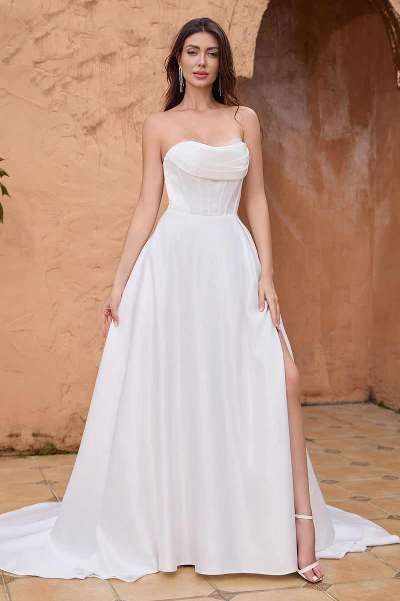 Load image into Gallery viewer, White A Line Strapless Pleated Long Wedding Dress With Slit