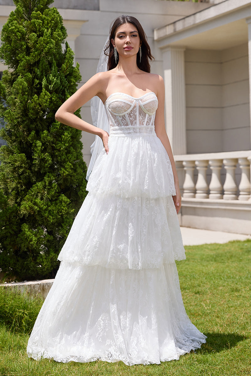Load image into Gallery viewer, White Strapless Corset Tiered Long Wedding Dress