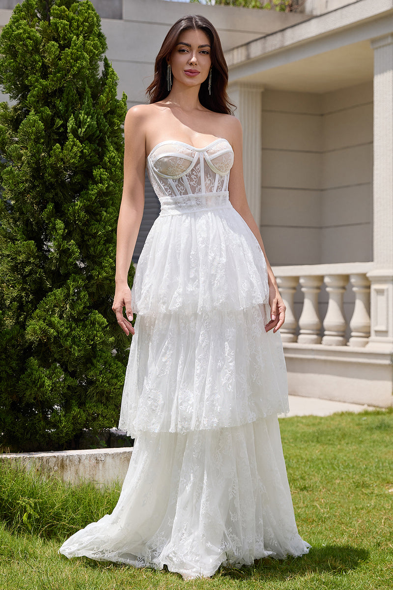 Load image into Gallery viewer, White Strapless Corset Tiered Long Wedding Dress