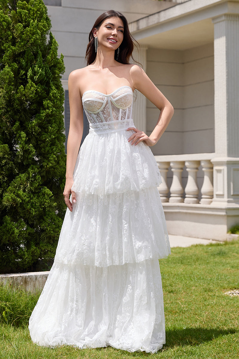 Load image into Gallery viewer, White Strapless Corset Tiered Long Wedding Dress