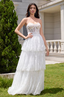 Load image into Gallery viewer, White Strapless Corset Tiered Long Wedding Dress