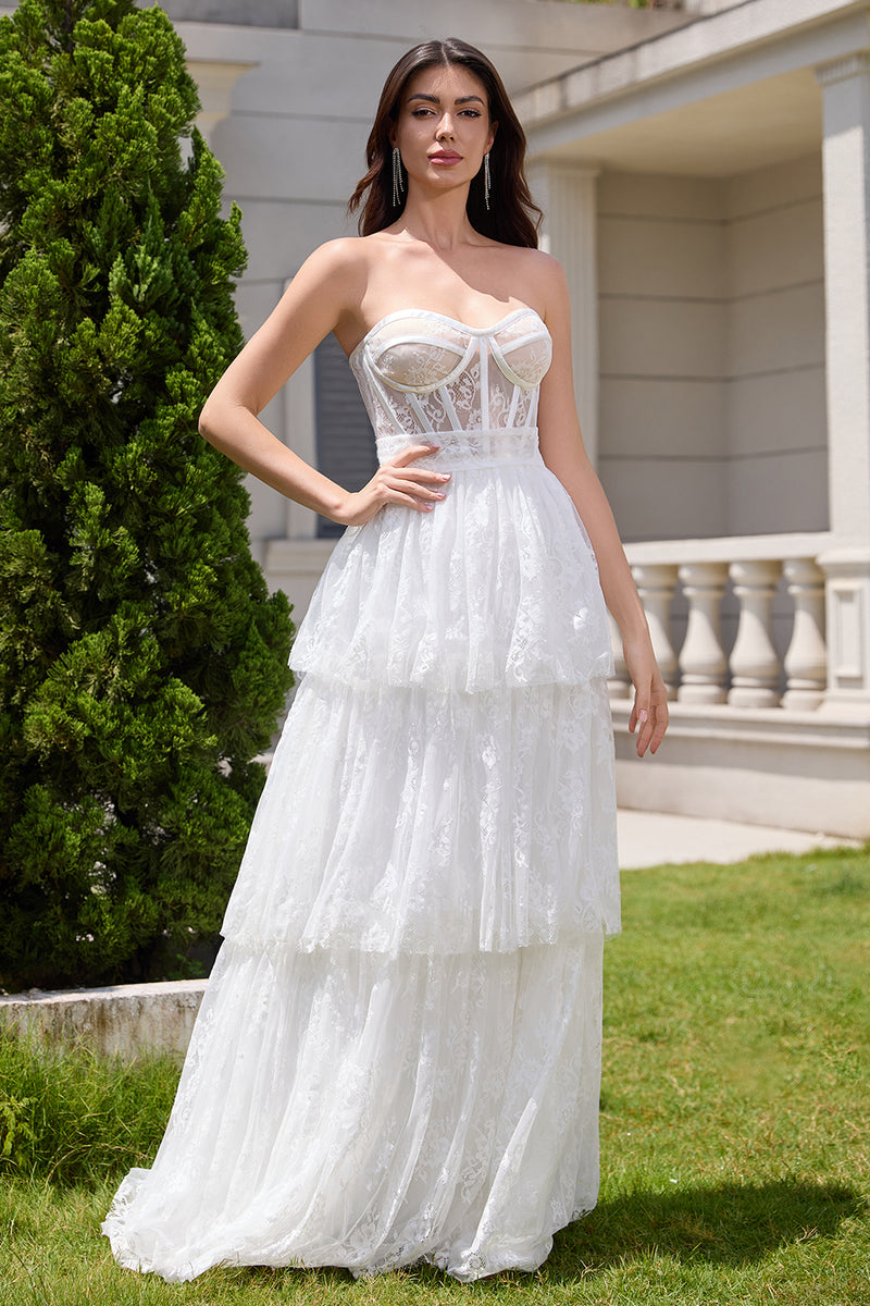 Load image into Gallery viewer, White Strapless Corset Tiered Long Wedding Dress