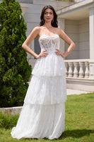 Load image into Gallery viewer, White Strapless Corset Tiered Long Wedding Dress