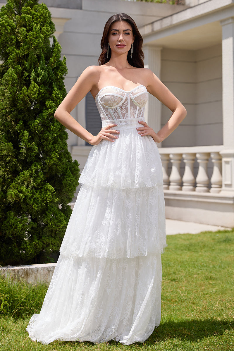 Load image into Gallery viewer, White Strapless Corset Tiered Long Wedding Dress