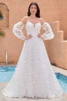 Load image into Gallery viewer, White A Line Sweetheart Applique Wedding Dress with Detachable Sleeves