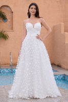 Load image into Gallery viewer, White A Line Sweetheart Applique Wedding Dress with Detachable Sleeves