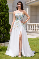 Load image into Gallery viewer, White A Line Strapless 3D Flowers Tulle Wedding Dress with Slit
