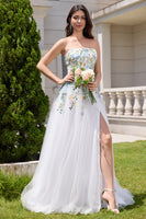 Load image into Gallery viewer, White A Line Strapless 3D Flowers Tulle Wedding Dress with Slit
